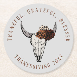 Lichtgrijze Western Koeien Schedel Thanksgiving Pa Ronde Kartonnen Onderzetter