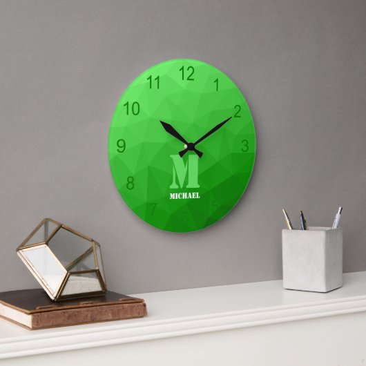 Lichtgroen geometrisch meshpatroon monogram grote klok (Kantoor)