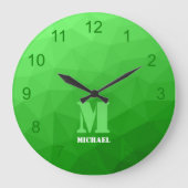 Lichtgroen Geometrisch Netwerkpatroon Monogram Grote Klok (Voorkant)
