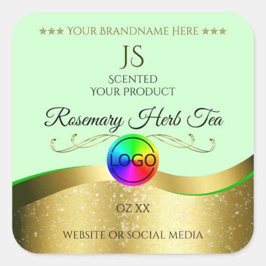 Lichtgroen golvend goud logo monogram productlabel vierkante sticker (Voorkant)
