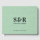 Lichtgroen linnen bruiloft monogram gastenboek (Voorkant)