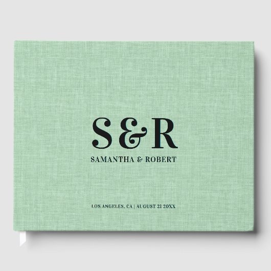 Lichtgroen linnen bruiloft monogram gastenboek (Voorkant)
