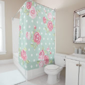 lichtgroen, roze rozen, grijsstang, patroon, vinta douchegordijn (In situ)