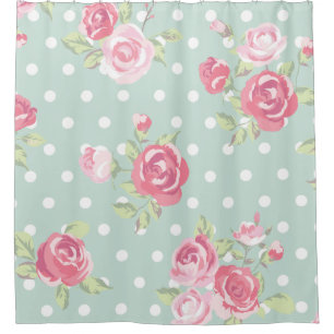 lichtgroen, roze rozen, grijsstang, patroon, vinta douchegordijn