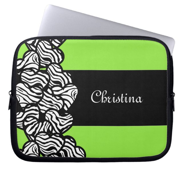 Lichtgroen zwart witte zebra patroon hart naam laptop sleeve (Voorkant)
