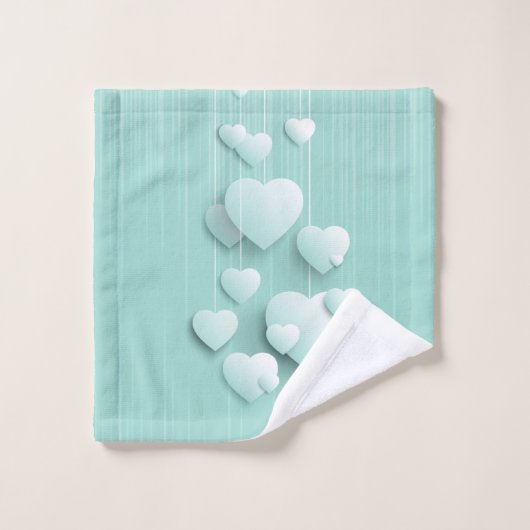 Lichtgroene achtergrond met 3D witte harten Bad Handdoek (Wasdoekje)