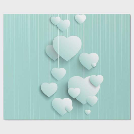 Lichtgroene achtergrond met 3D witte harten Cadeaupapier (Vlak)