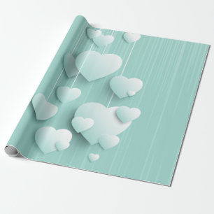 Lichtgroene achtergrond met 3D witte harten Cadeaupapier