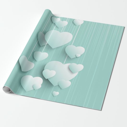 Lichtgroene achtergrond met 3D witte harten Cadeaupapier (Uitgerold)