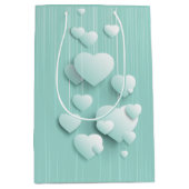 Lichtgroene achtergrond met 3D witte harten Medium Cadeauzakje (Voorkant)