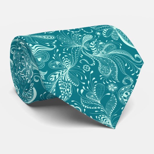 Lichtgroene en Turquoise Exotische Floral Swirls Stropdas (Opgerold)