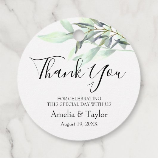 Lichtgroene eucalyptus bladeren rond bedankjes labels (Achterkant)