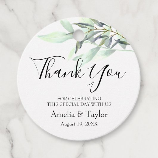 Lichtgroene eucalyptus bladeren rond bedankjes labels (Voorkant)