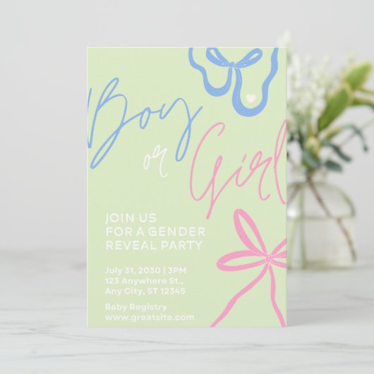 Lichtgroene Gender Reveal Party Invitation Kaart (Staand voorkant)