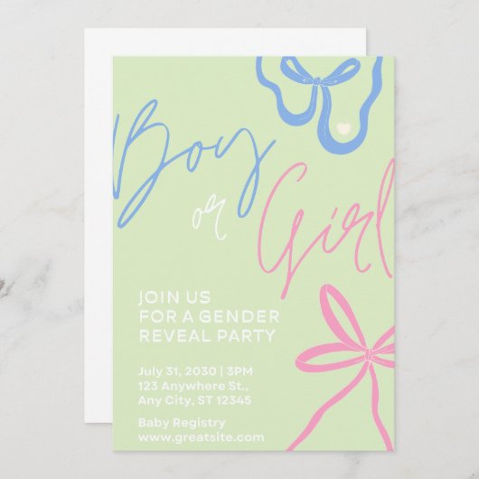 Lichtgroene Gender Reveal Party Invitation Kaart (Voorkant / Achterkant)