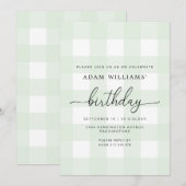 Lichtgroene Gingham Verjaardagsuitnodiging Kaart (Voorkant / Achterkant)