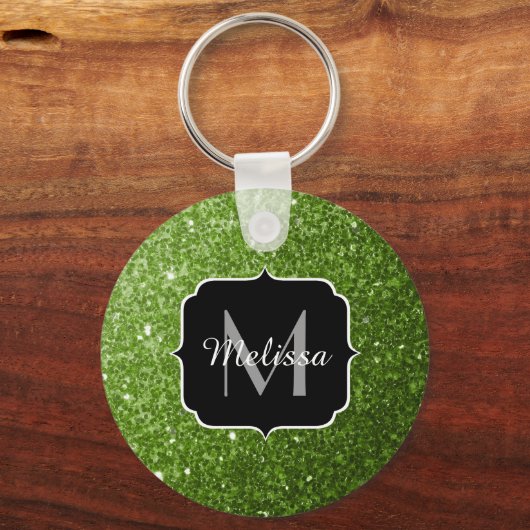 Lichtgroene groene glitter sparkles Monogram Sleutelhanger (Voorkant)