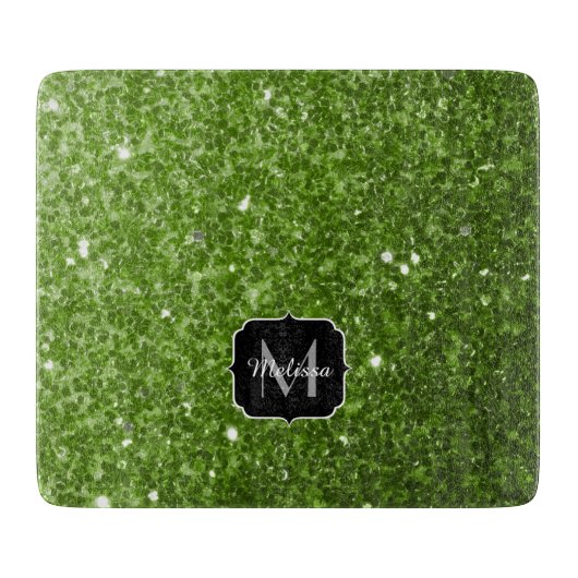 Lichtgroene groene glitter sparkles Monogram Snijplank (Voorkant)