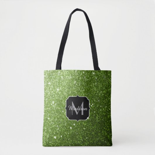 Lichtgroene groene glitter sparkles Monogram Tote Bag (Voorkant)