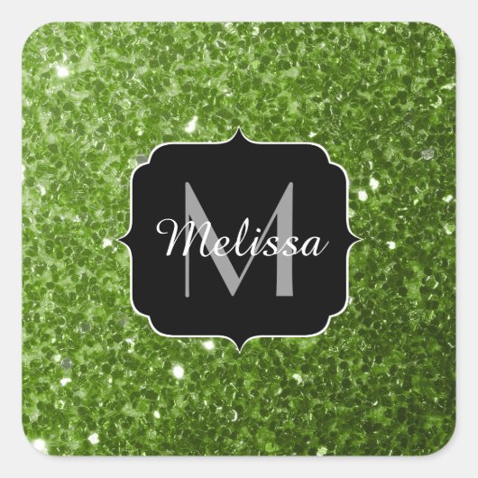 Lichtgroene groene glitter sparkles Monogram Vierkante Sticker (Voorkant)