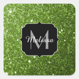 Lichtgroene groene glitter sparkles Monogram Vierkante Sticker