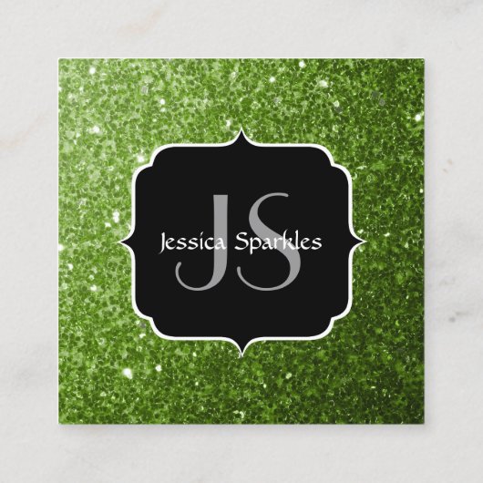 Lichtgroene groene glitter sparkles Monogram Vierkante Visitekaartje (Achterkant)