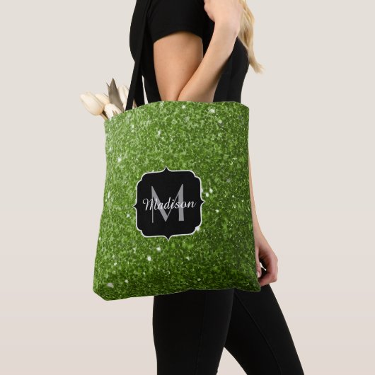 Lichtgroene groene glitter vonken Monogram Tote Bag (Dichtbij)