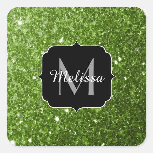 Lichtgroene groene glitter vonken Monogram Vierkante Sticker (Voorkant)