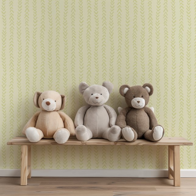 Lichtgroene handgetekende visgraatkwekerij behang (This light green hand-drawn style herringbone pattern is great for a playroom or nursery.)