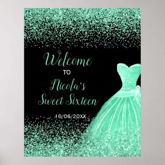 Lichtgroene jurk Faux Glitter Sweet 16 Welkom Poster (Voorkant)