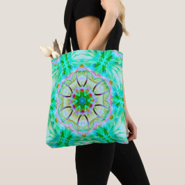 Lichtgroene korrelige textuur, bloemen kaleidoscoo tote bag