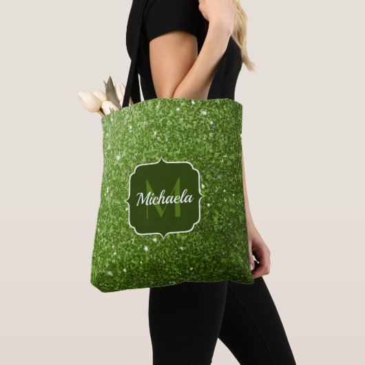 Lichtgroene nepschitterende glinsterende Monogram Tote Bag (Dichtbij)