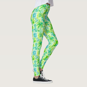 Lichtgroene tropische palm en blauwe zonprint leggings
