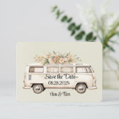 Lichtgroene vintage bus bruiloft  save the date (Staand voorkant)