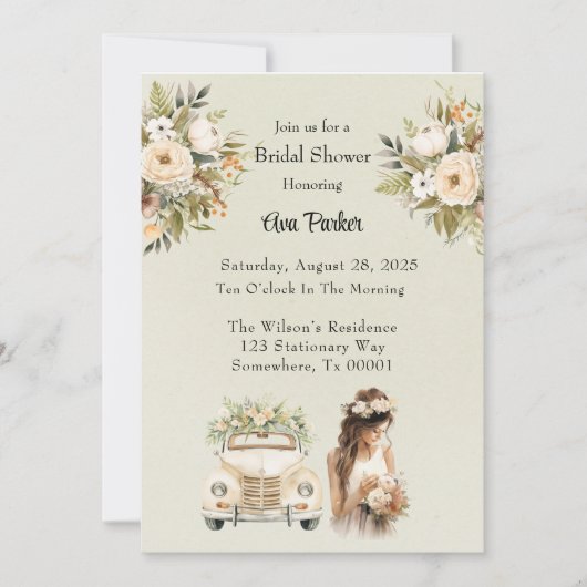 Lichtgroene Vintage Car Florals Vrijgezellenfeest Kaart (Voorkant)