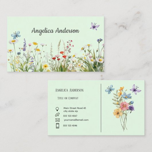 Lichtgroene Vrouwelijke Waterverf Wildflower weide Visitekaartje (Voorkant / Achterkant)