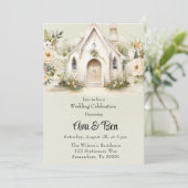 Lichtgroene witte kerk bruiloft viering kaart (Staand voorkant)