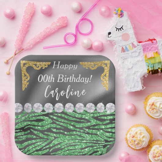 Lichtgroene zebra print & gouden zilveren verjaard papieren bordje (Feest)