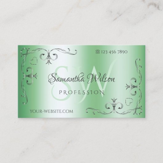 Lichtgroene  Zilveren Hoeken met Initialen Visitekaartje (Voorkant)