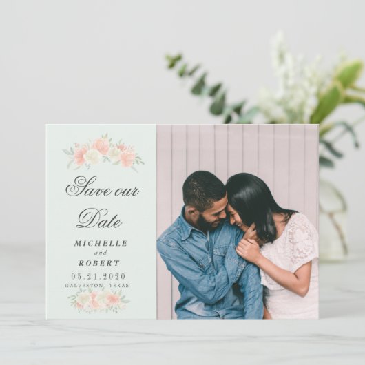lichtlente floral Photo Save the Date Kaart (Staand voorkant)