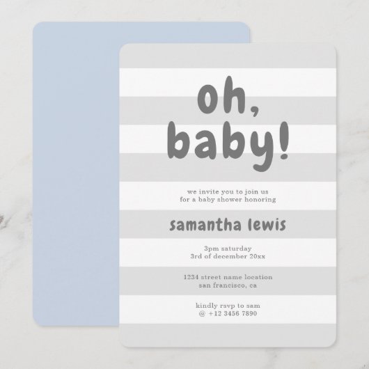 Lichtlichte strepes Oh Baby Boy Shower Kaart (Voorkant / Achterkant)