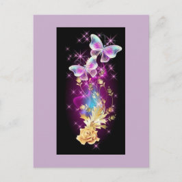 Lichtpaarse en blauwe vlinder met gouden roos briefkaart