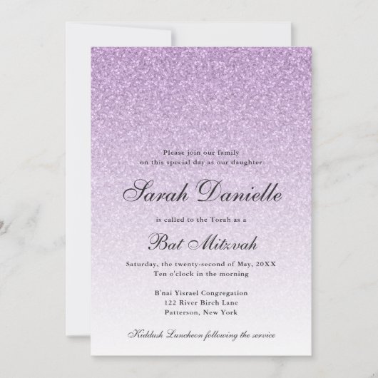 Lichtpaarse Glitter Glam Bat Mitzvah Kaart (Voorkant)