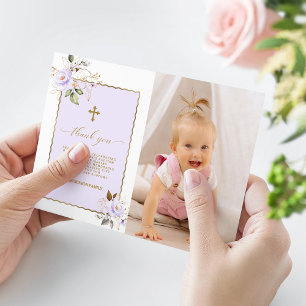 Lichtpaarse Gouden Bloemen Foto Meisje Doop  Bedankkaart