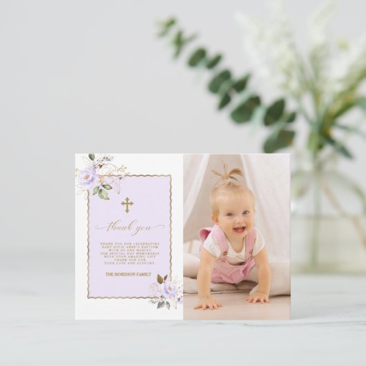 Lichtpaarse Gouden Bloemen Foto Meisje Doop  Bedankkaart (Staand voorkant)