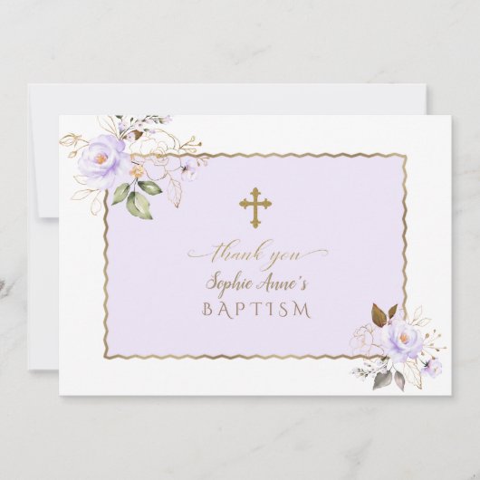 Lichtpaarse Gouden Bloemen Meisje Doop Bedankkaart (Voorkant)