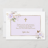 Lichtpaarse Gouden Bloemen Meisje Doop Bedankkaart (Achterkant)