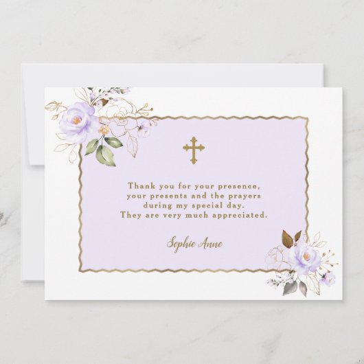 Lichtpaarse Gouden Bloemen Meisje Doop Bedankkaart (Achterkant)