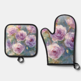 Lichtpaarse rozen impressionistische bloemen ovenwant & pannenlap set