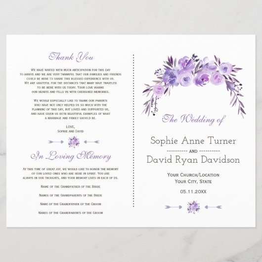 Lichtpaarse stoffige blauwe bloemen bruiloftsprogr flyer (Voorkant)